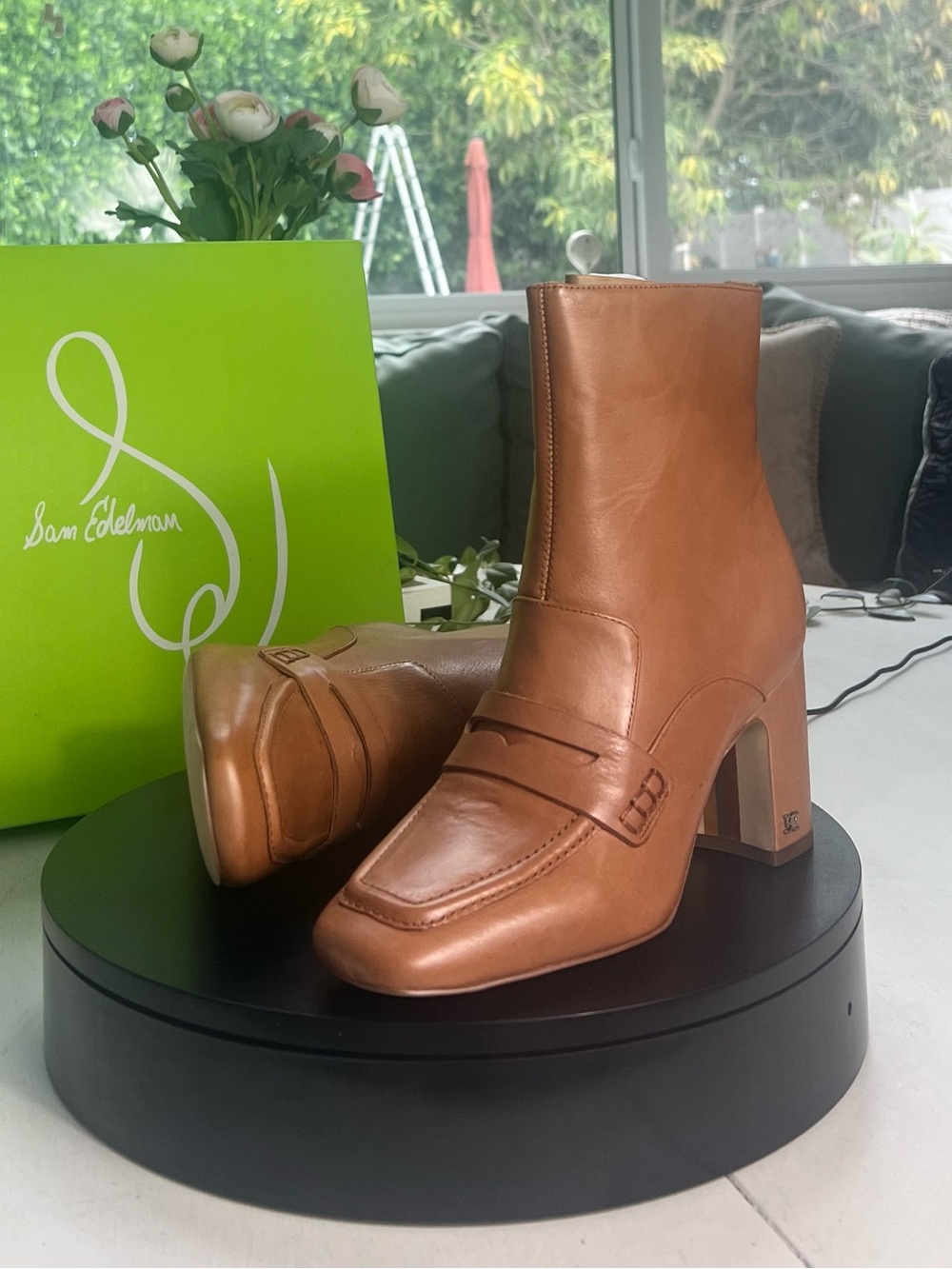 Sam Edelman Cognac Leather Block Heel Ankle Boots